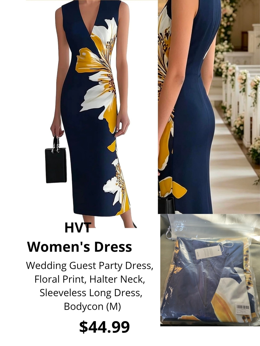 Navy Blue Floral Maxi Dress - Sleeveless V-Neck Bodycon.